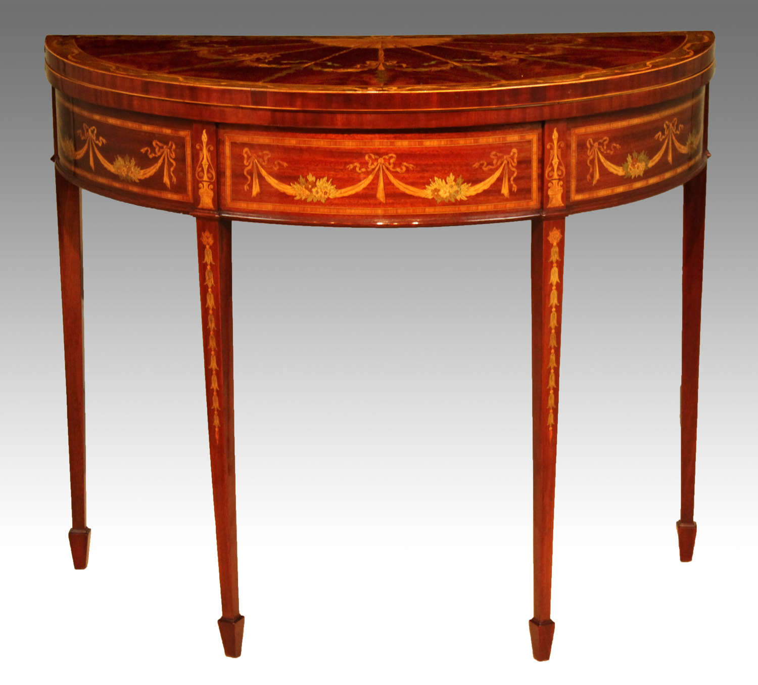 A Quality Late Victorian Mahogany Inlaid Demi-lune Card Table.