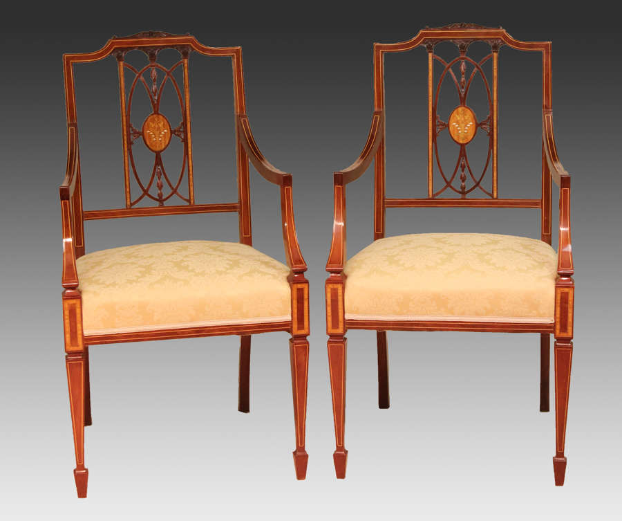 A Fine pair of Quality late Victorian Mahogany Inlaid Arm Chairs