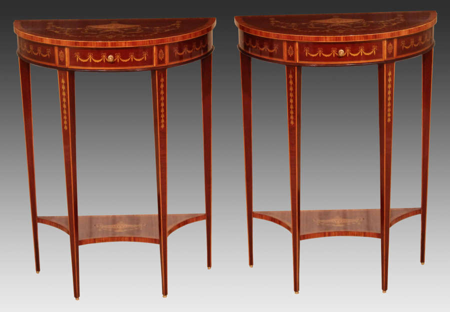 A Pair of Late Victorian Mahogany Inlaid Demi Lune Side Tables
