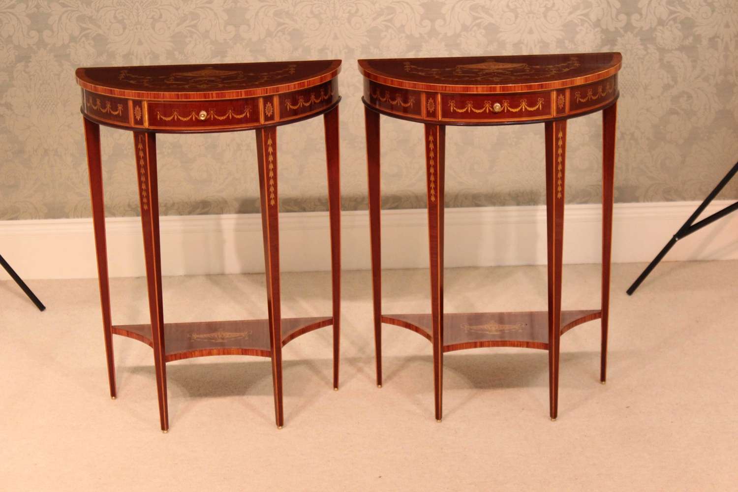 A Pair of Late Victorian Mahogany Inlaid Demi Lune Side Tables