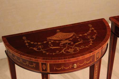 A Pair of Late Victorian Mahogany Inlaid Demi Lune Side Tables