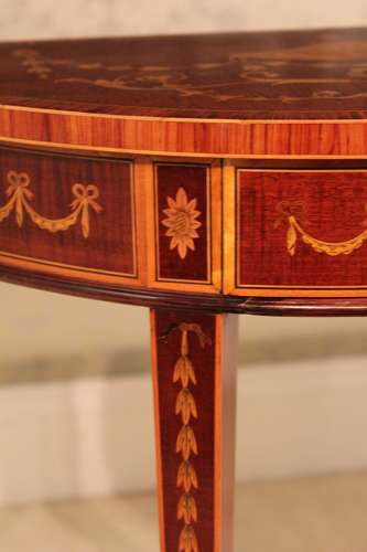 A Pair of Late Victorian Mahogany Inlaid Demi Lune Side Tables