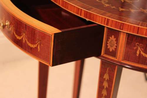 A Pair of Late Victorian Mahogany Inlaid Demi Lune Side Tables
