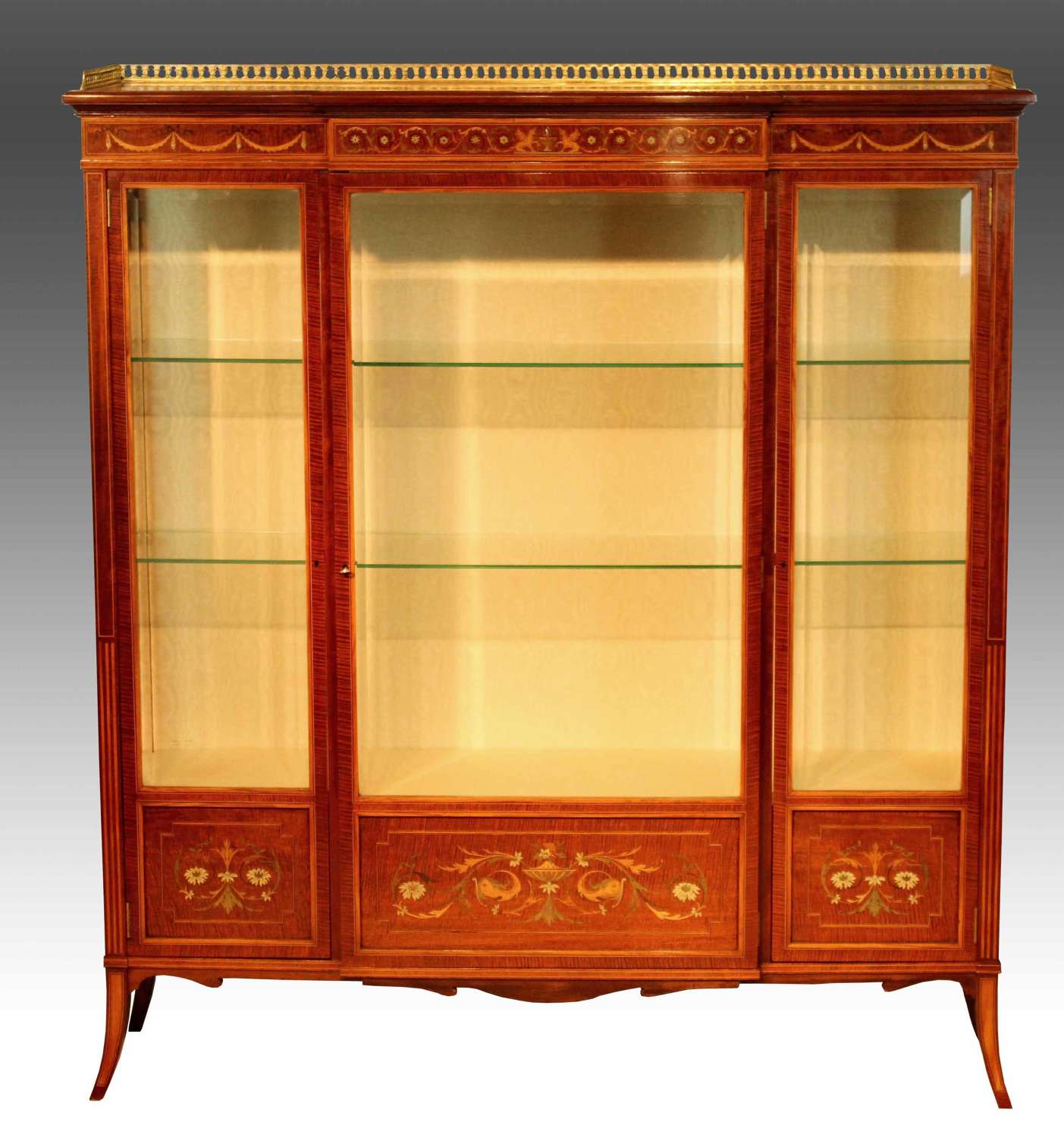 A Late Victorian Mahogany Marquetry Fiddleback Display Cabinet.