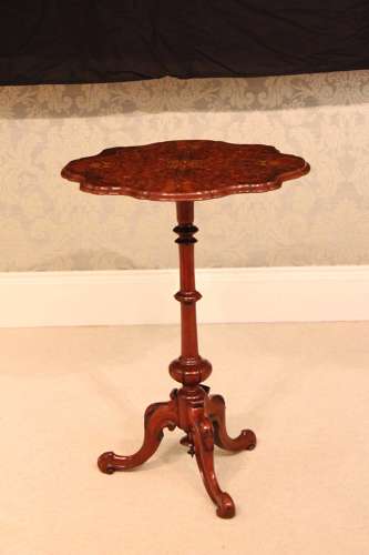 A Fine Quality Victorian Burr-Walnut Inlaid Scallop edge Tripod Table