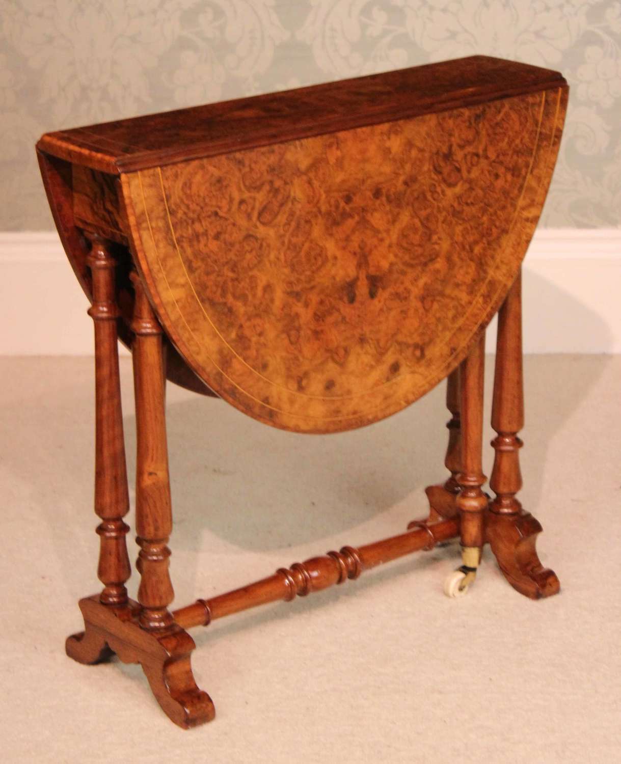 A Fine Quality Burr Walnut Inlaid Baby Sutherland D-Ended Table.