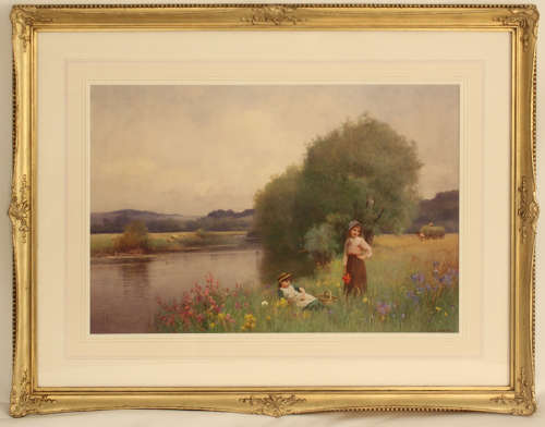 Benjamin D. Sigmund (1880-1903) Watercolour of girls in a river scene