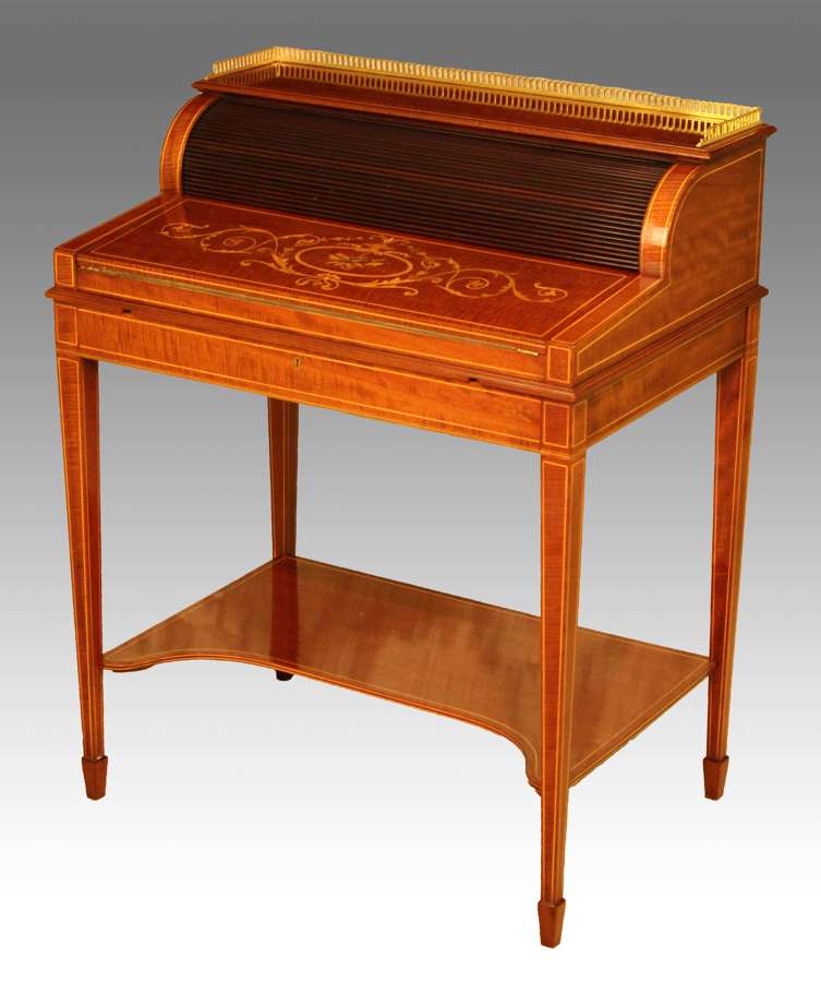 A Quality Late Victorian Mahogany Inlaid Cylinder Desk Circa 1890