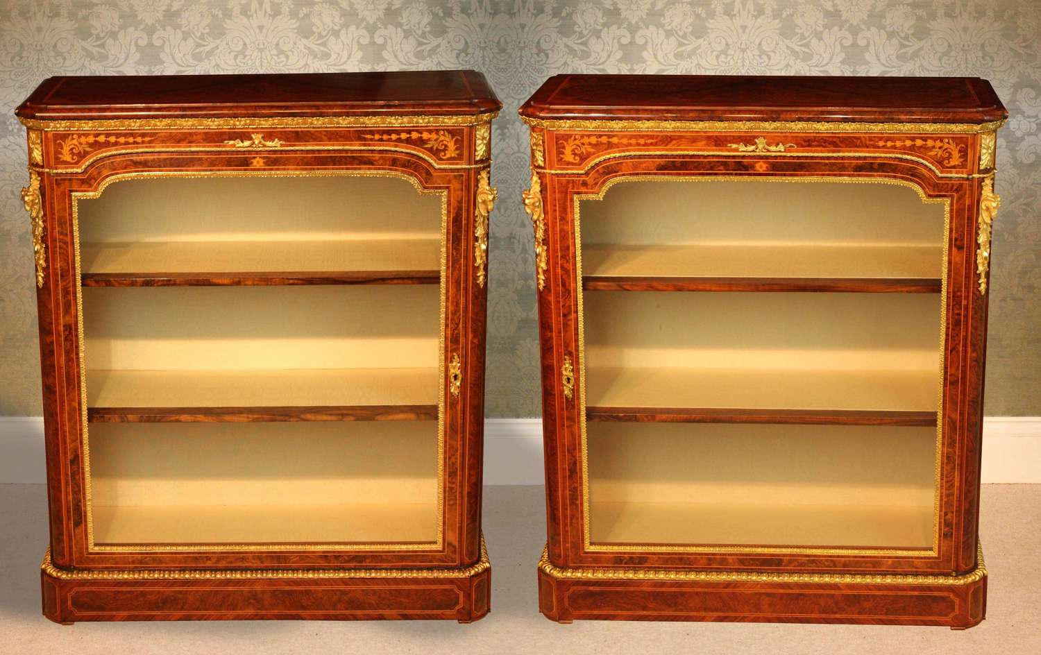 A Pair Victorian Burr Walnut inlaid Pier Cabinets by Wilkinson & Sons.