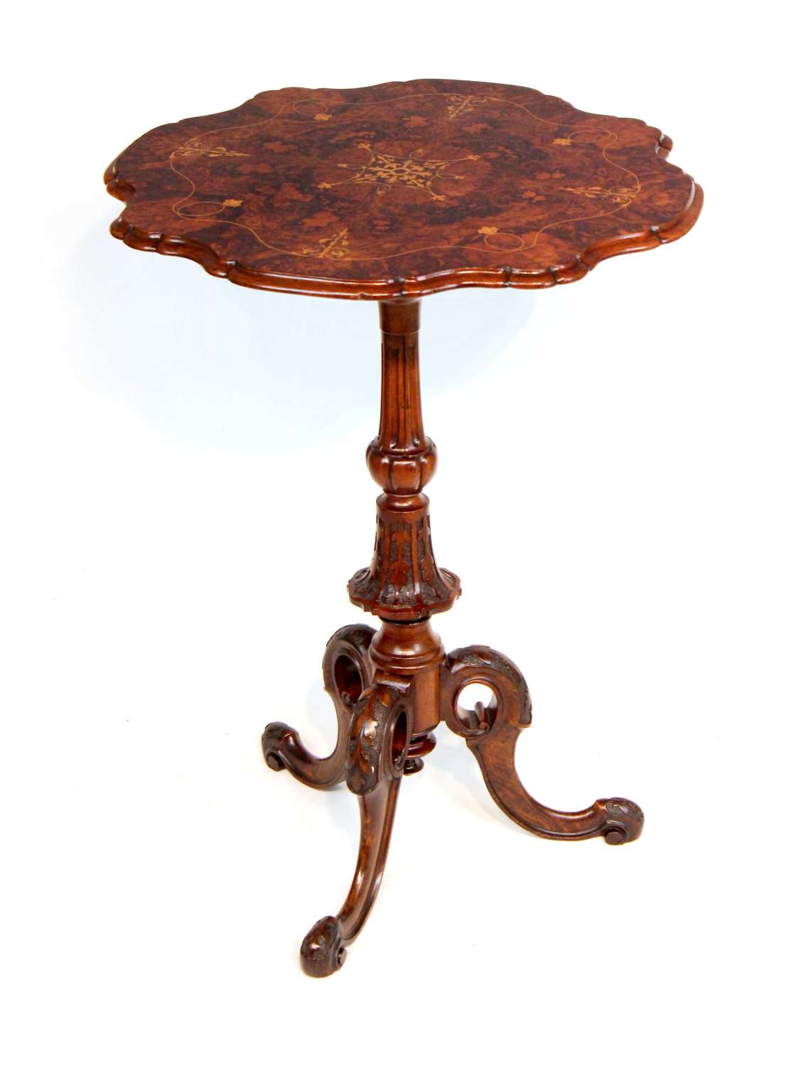 A Fine Quality Victorian Burr-Walnut Inlaid Scallop edge Tripod Table