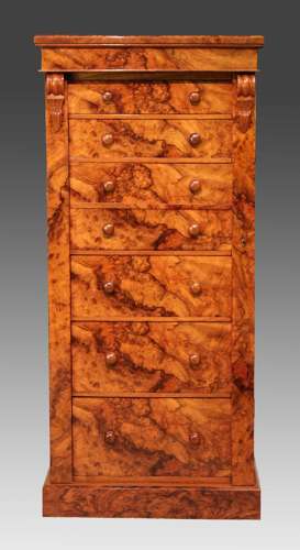 A Victorian Figured Burr Walnut Secretaire Wellington Chest