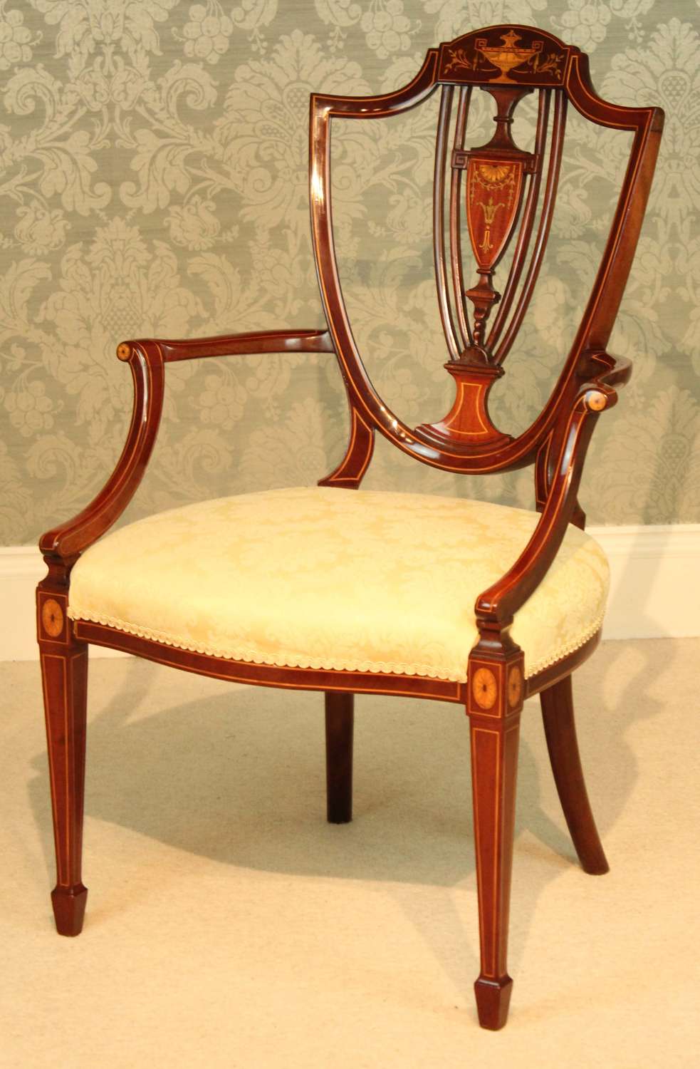 A Fine Late Victorian Mahogany Inlaid Shield Back Armchair