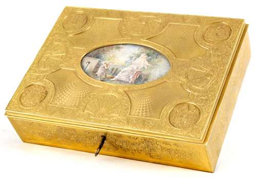 A Late 19th C. French, Engraved Gilt Metal Ladies Dressing Casket