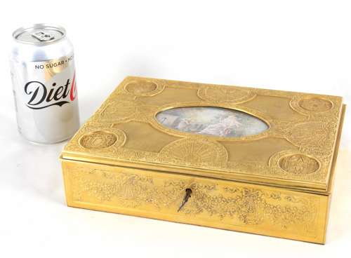 A Late 19th C. French, Engraved Gilt Metal Ladies Dressing Casket