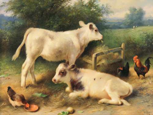 WALTER HUNT (1861–1941) Oil on Canvas of Chicken and Calves