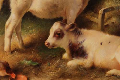 WALTER HUNT (1861–1941) Oil on Canvas of Chicken and Calves