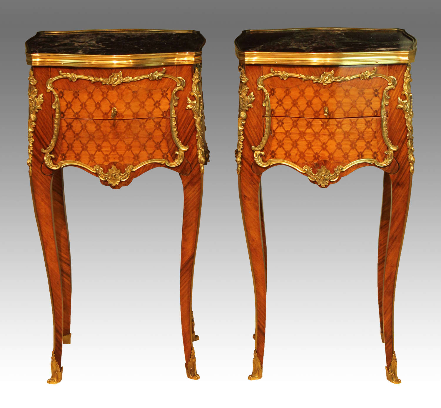 A Pair French Kingwood Inlaid & Ormolu mounted Bedside Tables