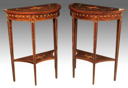 A Pair of Late Victorian Rosewood Inlaid Demi Lune Side Tables
