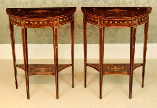 A Pair of Late Victorian Rosewood Inlaid Demi Lune Side Tables