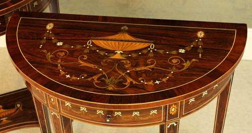 A Pair of Late Victorian Rosewood Inlaid Demi Lune Side Tables