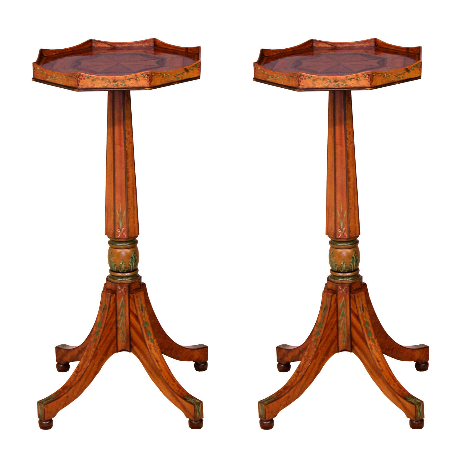 A Quality Pair of Edwardian Inlaid and Painted Satinwood Side Tables