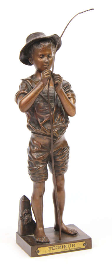 Adolphe Jean Lavergne (1852-1901) Bronze Sculpture of Young Angler
