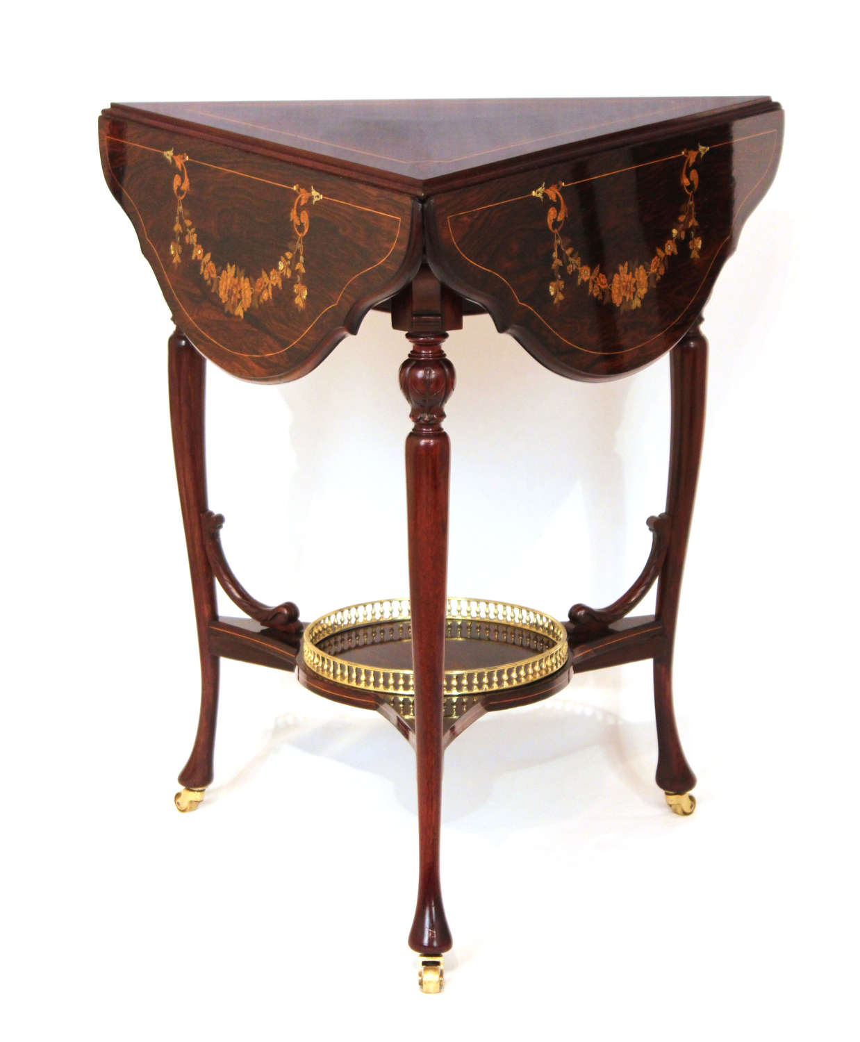A Victorian Rosewood Marquetry Triangular Dropleaf Occasional Table.