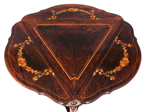 A Victorian Rosewood Marquetry Triangular Dropleaf Occasional Table.