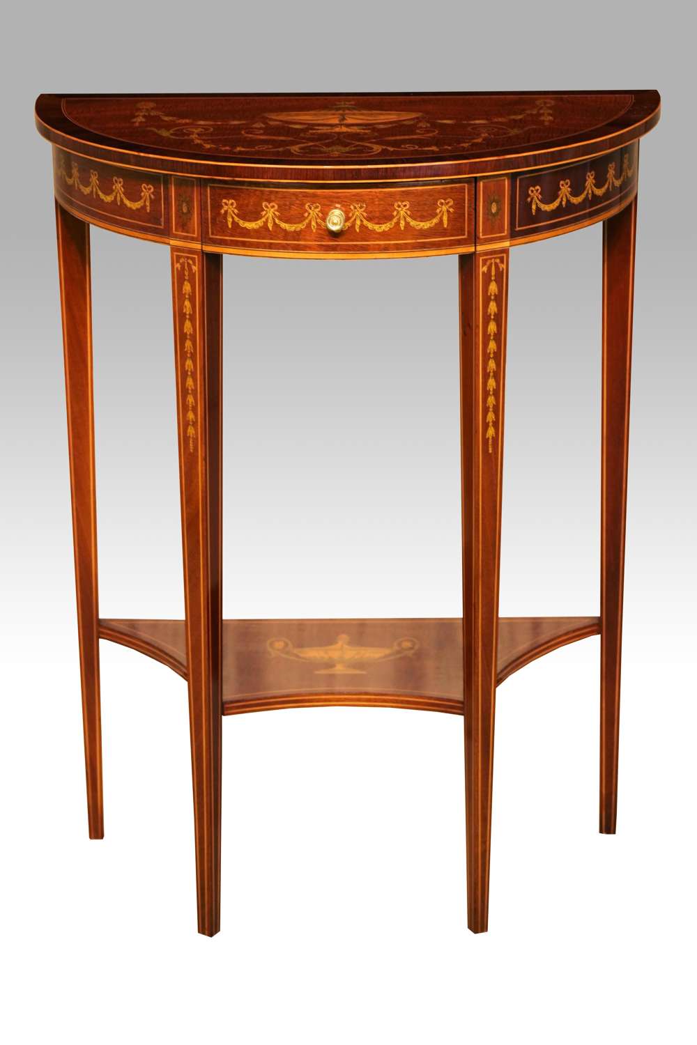 An Exhibition Quality Late Victorian Mahogany Inlaid Demi Lune Table