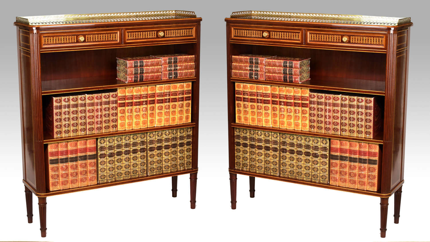 An Exhibition Quality Pair of Mahogany Inlaid Standing Bookcases