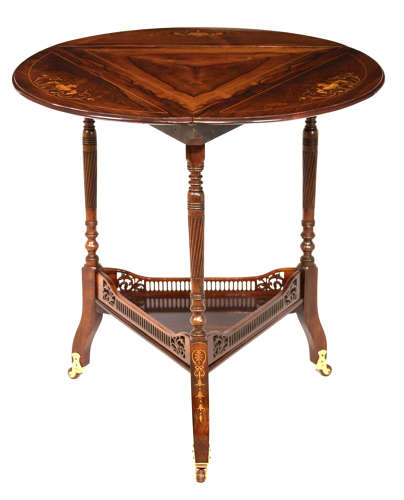 A Victorian Rosewood Marquetry Triangular Dropleaf Occasional Table.