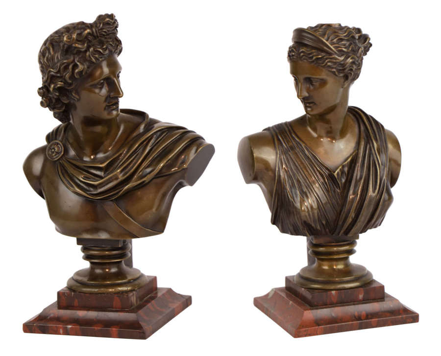 A Pair of 19thC Italian Grand Tour Bronze Busts of Apollo & Diana