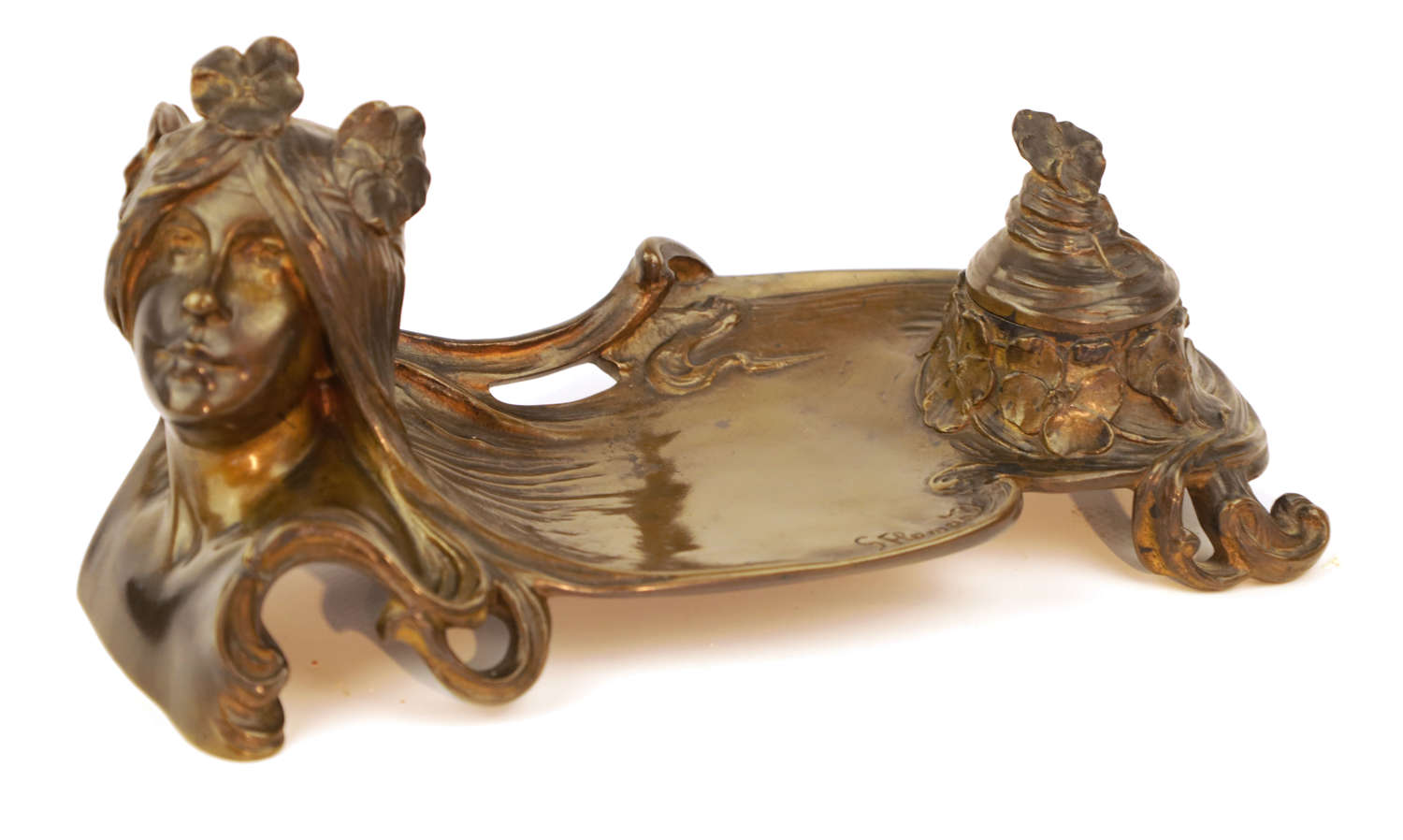 After Georges Flamand (1895-1925) French Art Nouveau Bronze Inkstand