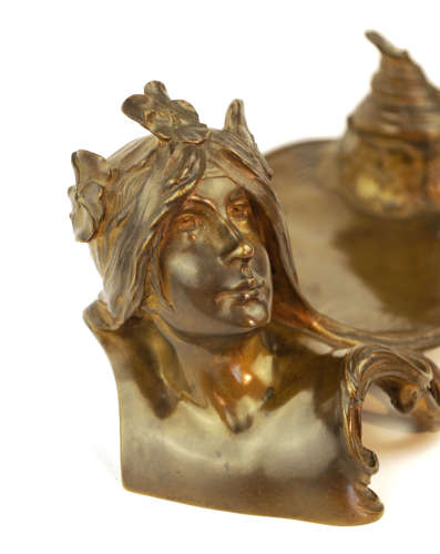 After Georges Flamand (1895-1925) French Art Nouveau Bronze Inkstand