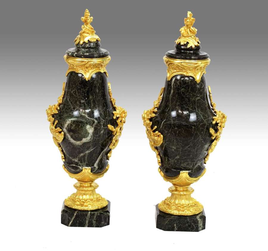 A Pair of Late 19th C Verde Antico and Ormolu Mounted Cassolettes