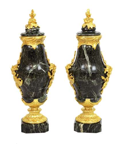 A Pair of Late 19th C Verde Antico and Ormolu Mounted Cassolettes