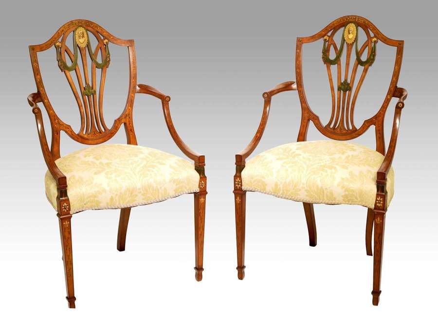 A Fine Pair of Victorian Inlaid Satinwood Shield Back Armchairs