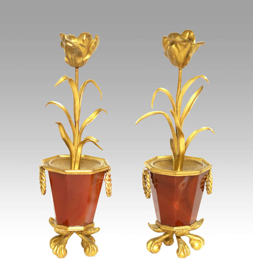 A Fine Pair of 19th Century Agate and Ormolu Candlesticks