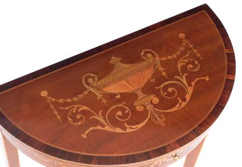 A Quality Late Victorian Mahogany Inlaid Demi Lune Table