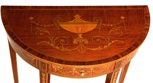 A Quality Late Victorian Mahogany Inlaid Demi Lune Table