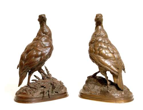 Ferdinand Pautrot, French, (1832 - 1874) A Pair Of French Bronze Game Bird Sculptures